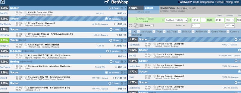 BetWasp Positive EV Betting prematch odds