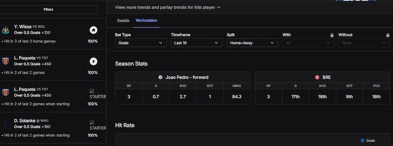 Linemate Player Prop Trends Screen