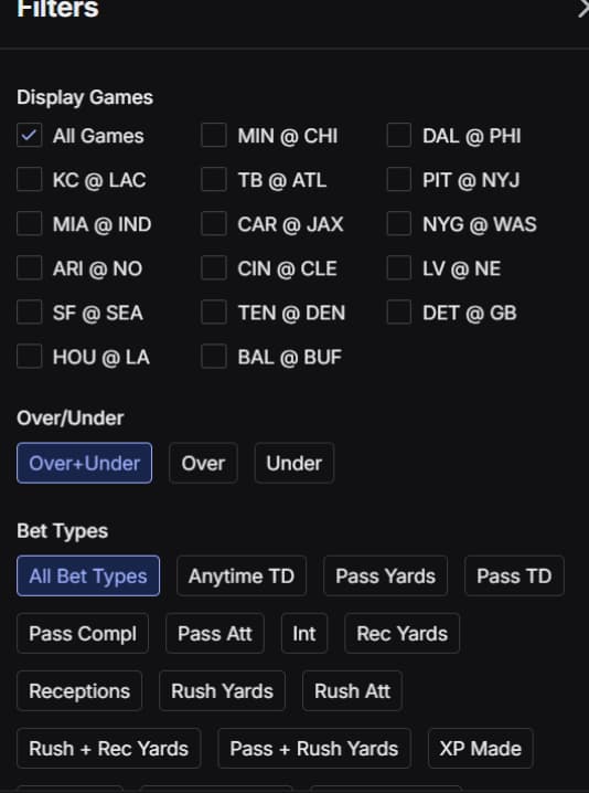 Linemate filters for prop bets