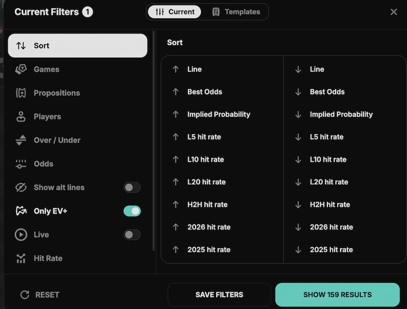 Outlier.bet +EV filter on prop finder