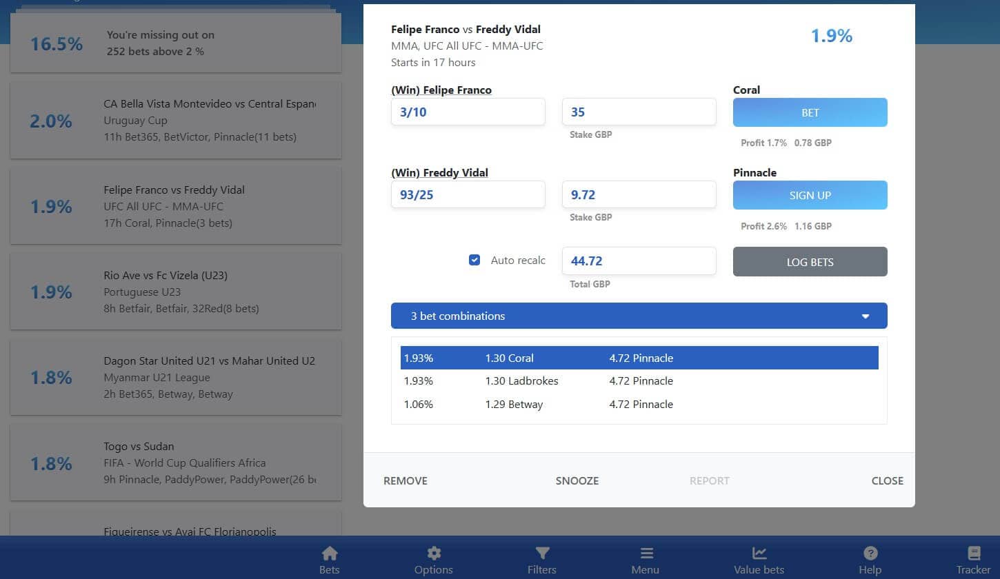 An example sports wager on RebelBetting