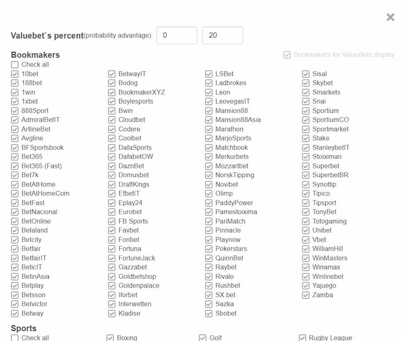 BetBurger Bookmakers filter