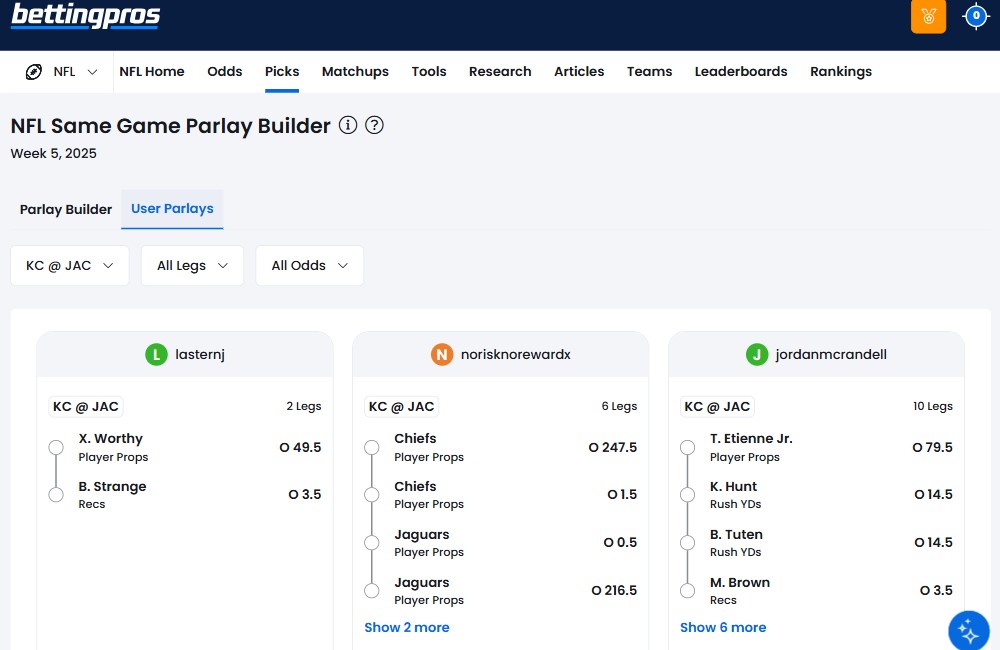 bettingpros parlay sgp bet optimizer software tool