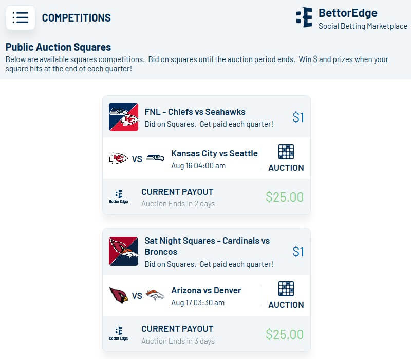 bettoredge p2p competitions auction squares dfs betting contest