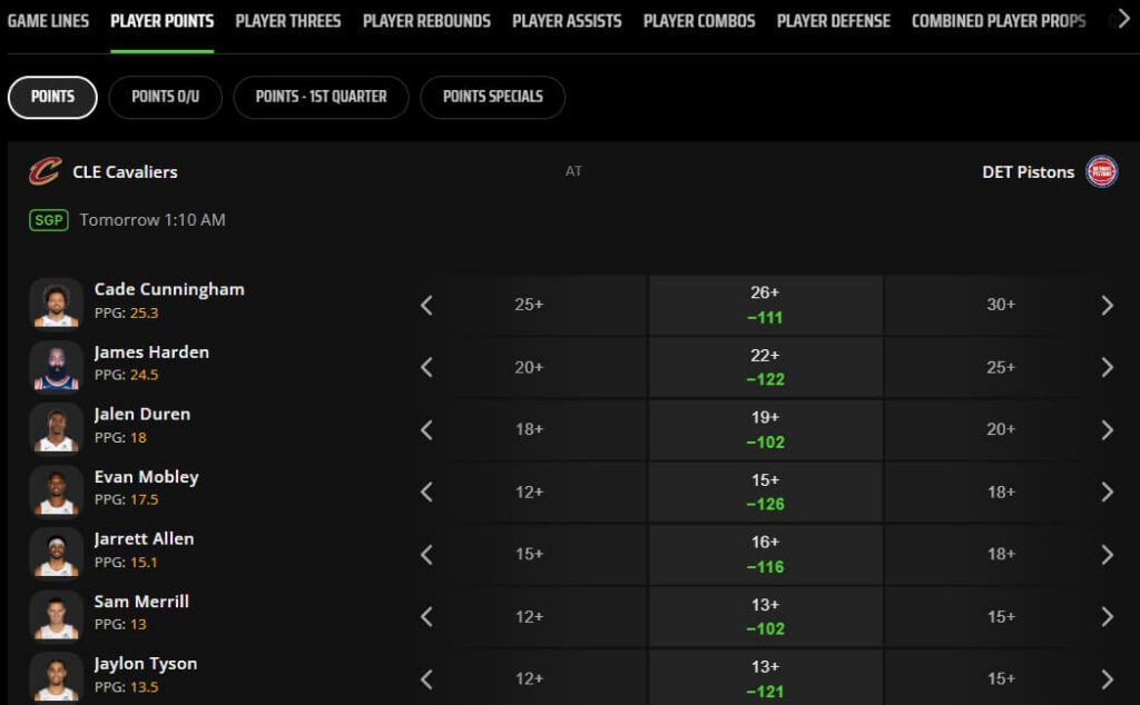 draftkings player bets sportsbook features usa betting nba props