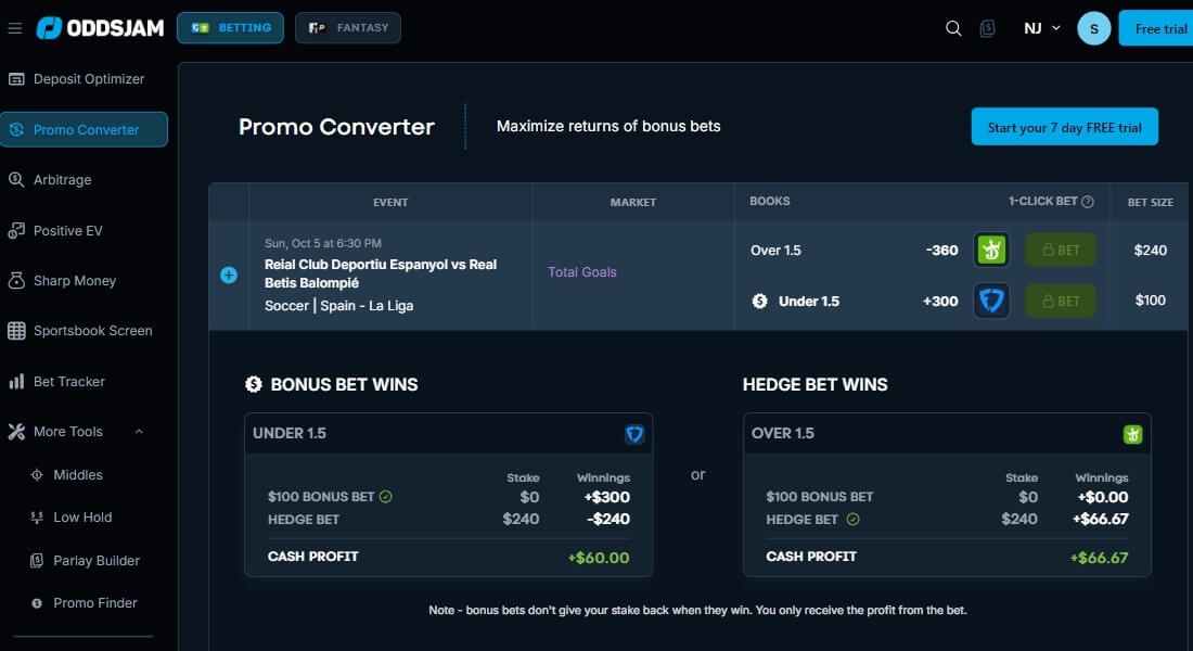 How the interface appears on the OddsJam matched betting tool