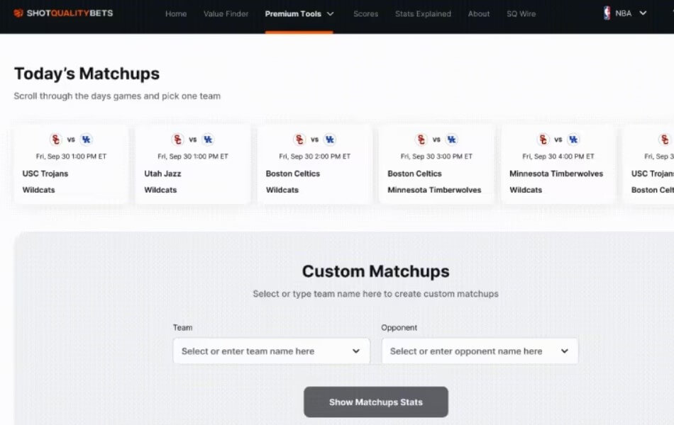 shotquality bets matchup data sports betting software