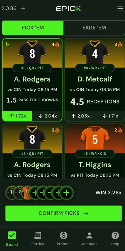 epick fantasy sports bet slip lineup dfs pick em fade peer to peer