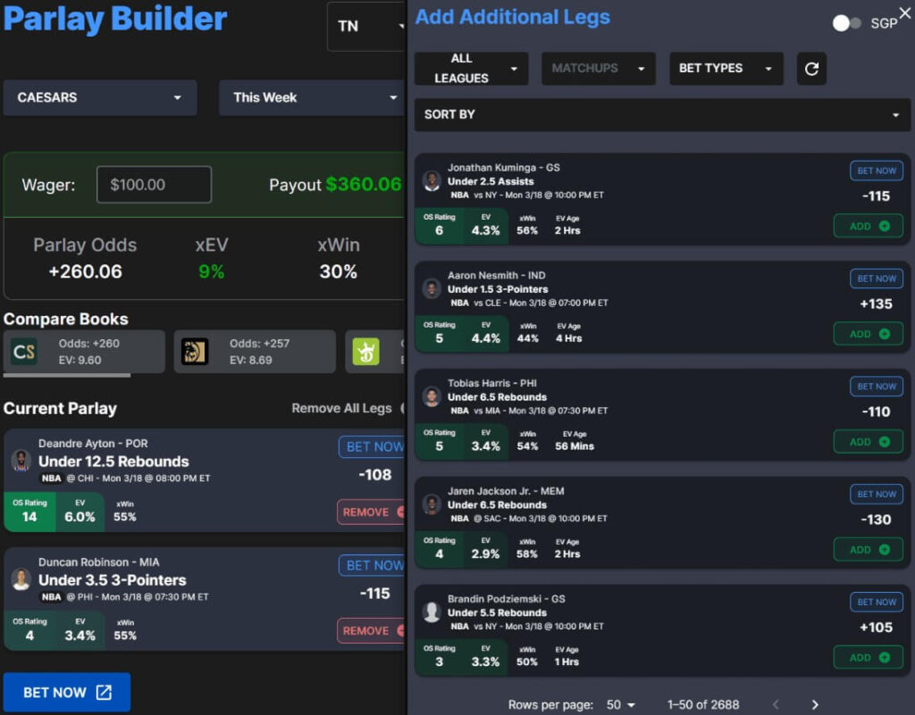 odds shopper parlay builder oddsshopper legs generate ev