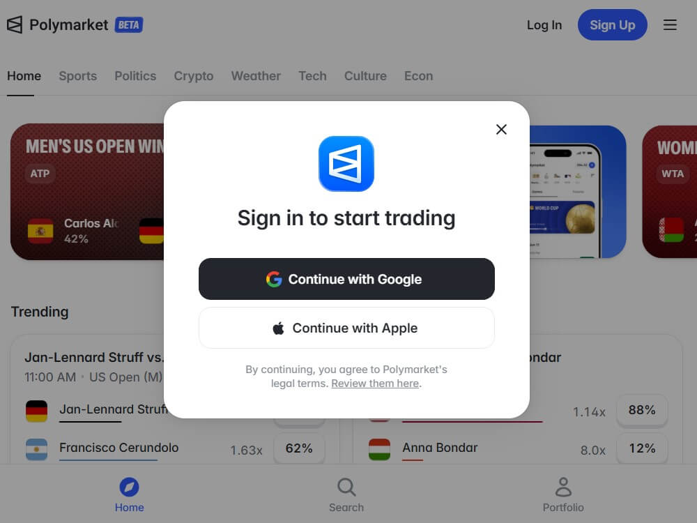 polymarket sign up us google apple account registration new traders