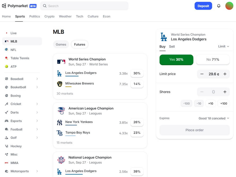 polymarket us sports coverage mlb baseball futures pregame trading prediction market