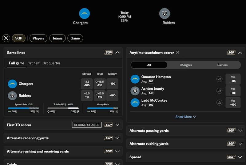 BetMGM Same Game Parlay Builder