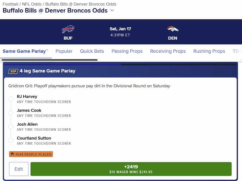 FanDuel Same Game Parlay Builder