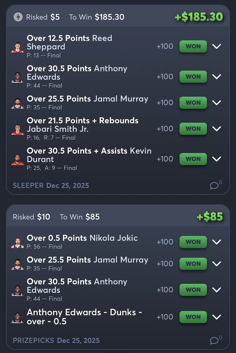 An example interface for the parlay builder betting tool on Juice Reel