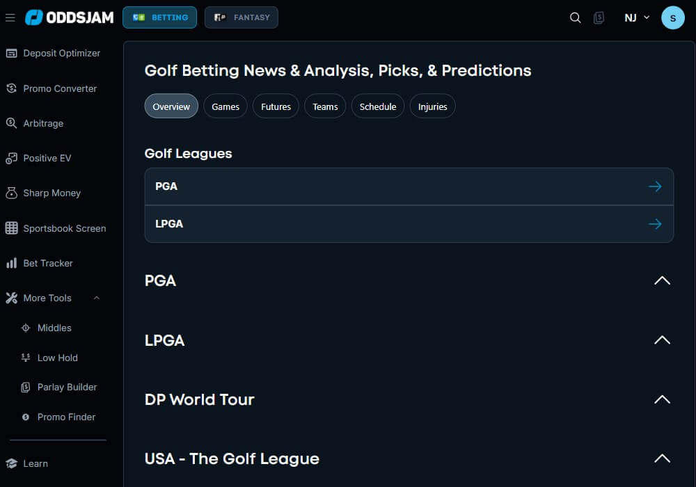 oddsjam golf betting tool arbitrage value bankroll sharp money ev