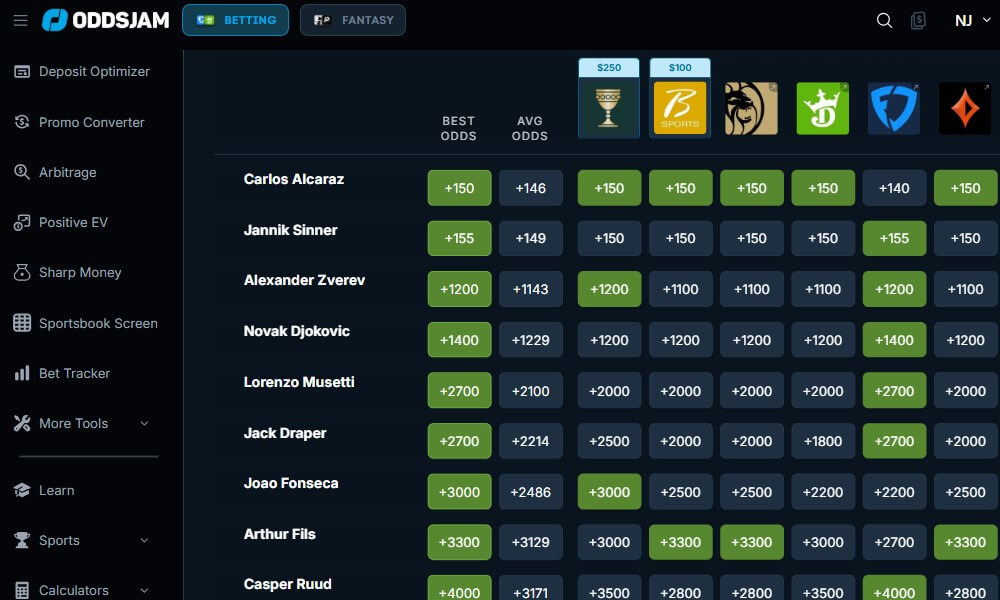 oddsjam tennis betting tool strategy software sportsbooks arbitrage line shopping