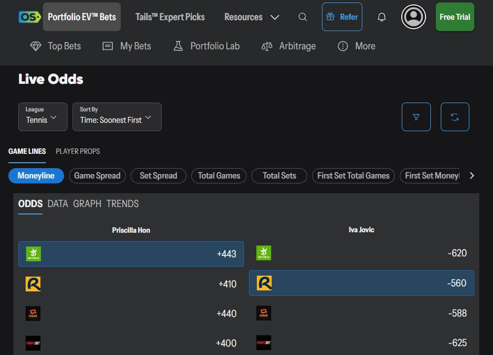 oddsshopper tennis betting tool software odds ev arbitrage