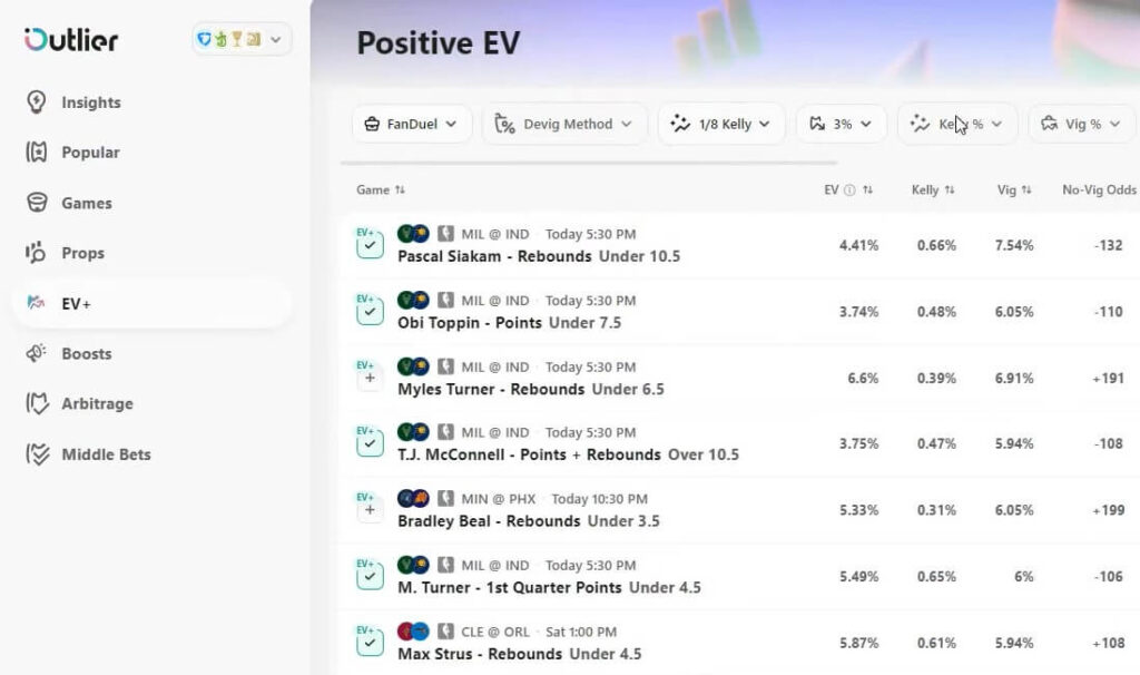 outlier bet line shopping betting tool odds movements ev clv devig ROI