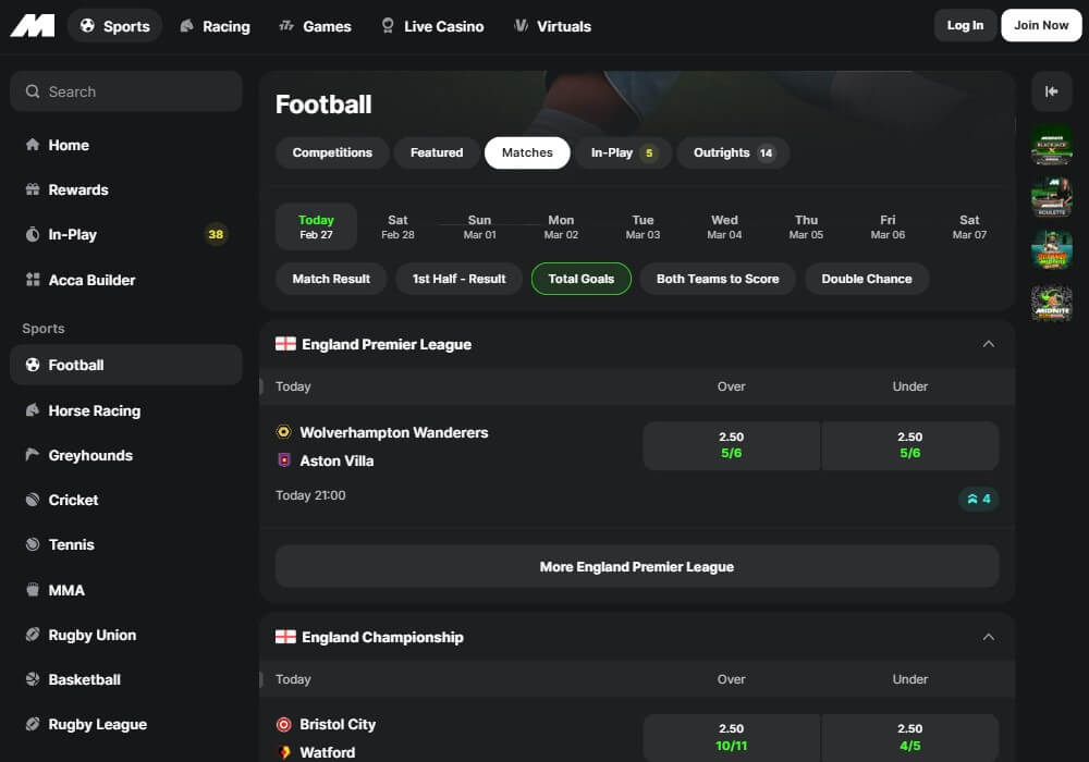 midnite bookie betting interface sports football bookmaker bets