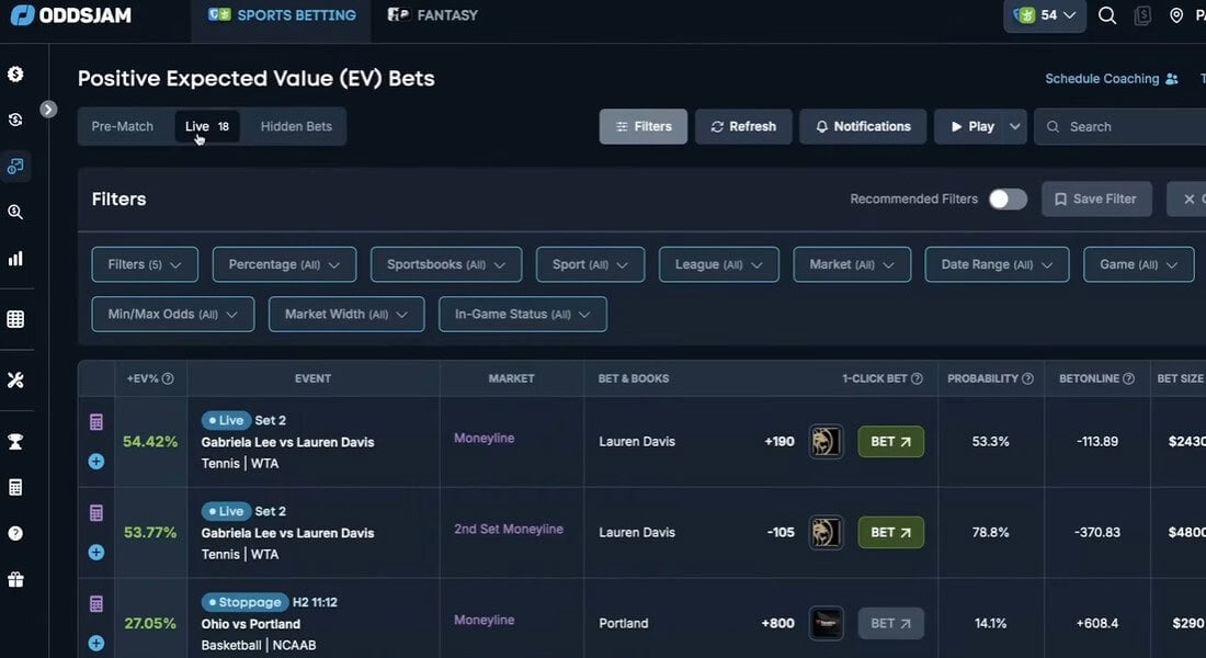 How the microbet tracker tool on OddsJam looks to its users