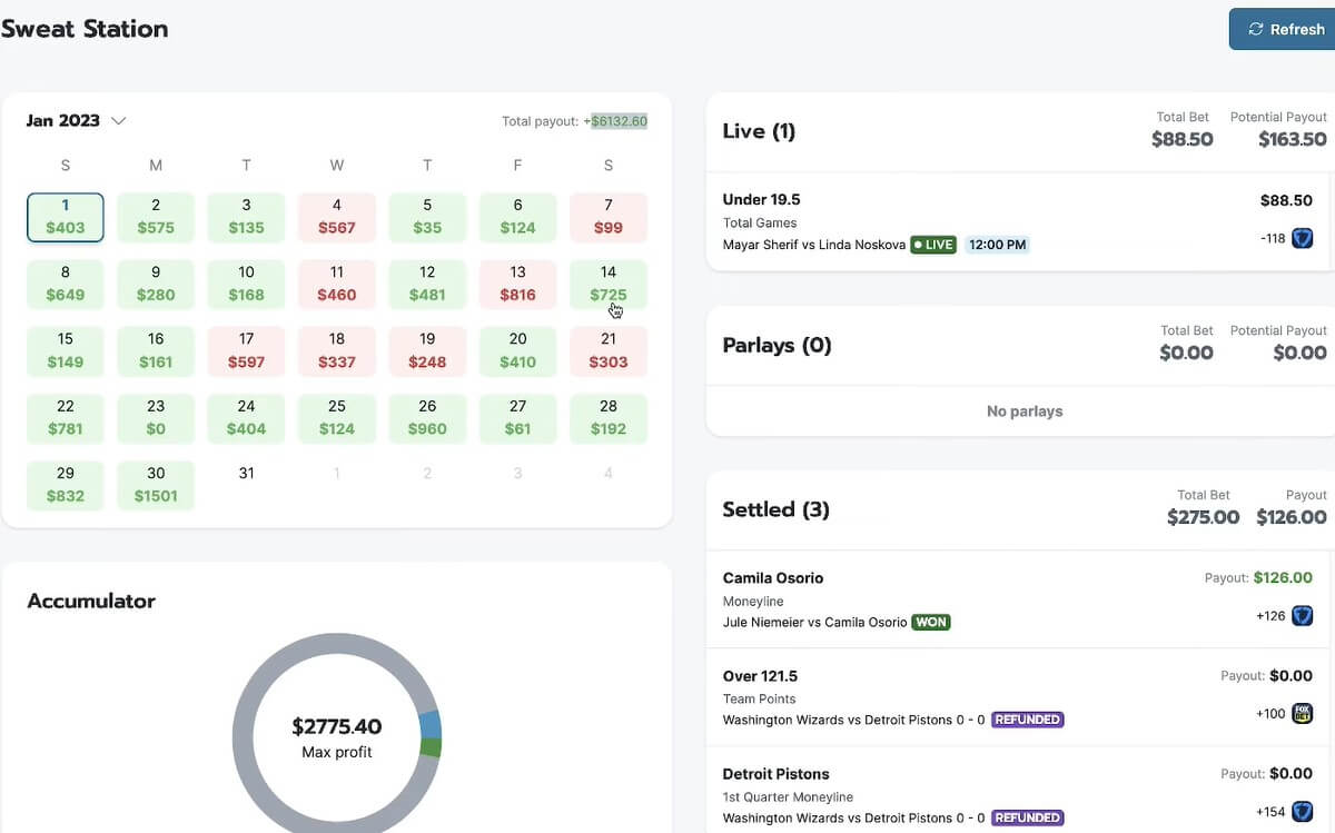 An example of a user interface on the OddsJam bet tracker