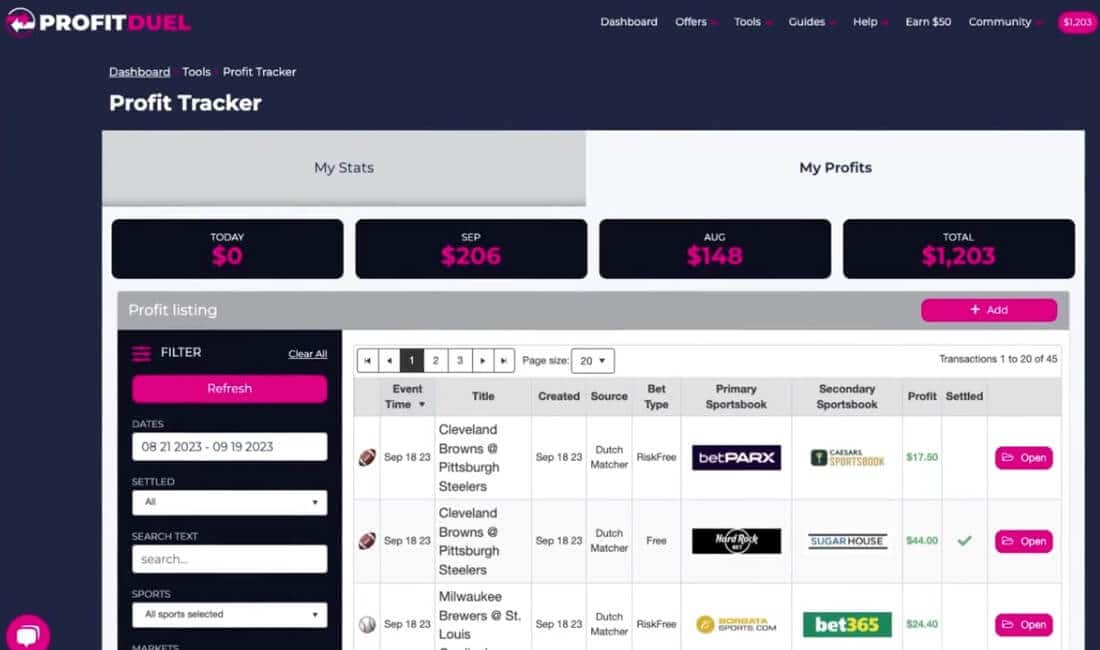 A demonstration of the ProfitDuel bet tracker interface