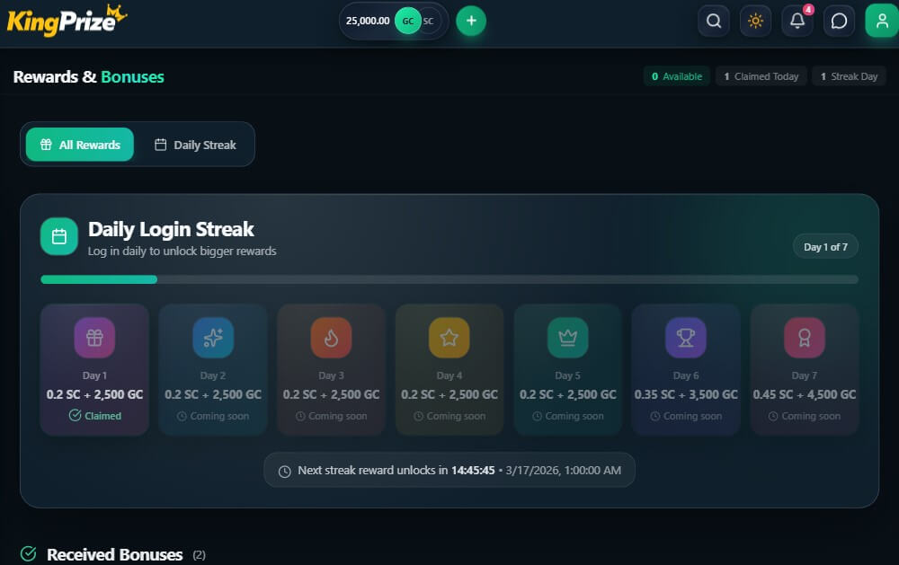 kingprize rewards promos sweeps daily login promotion