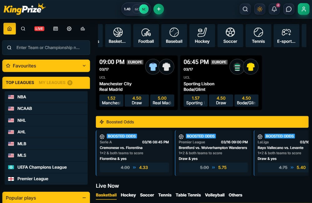 kingprize sports soccer nba nfl mlb nhl boost parlay sgp betting