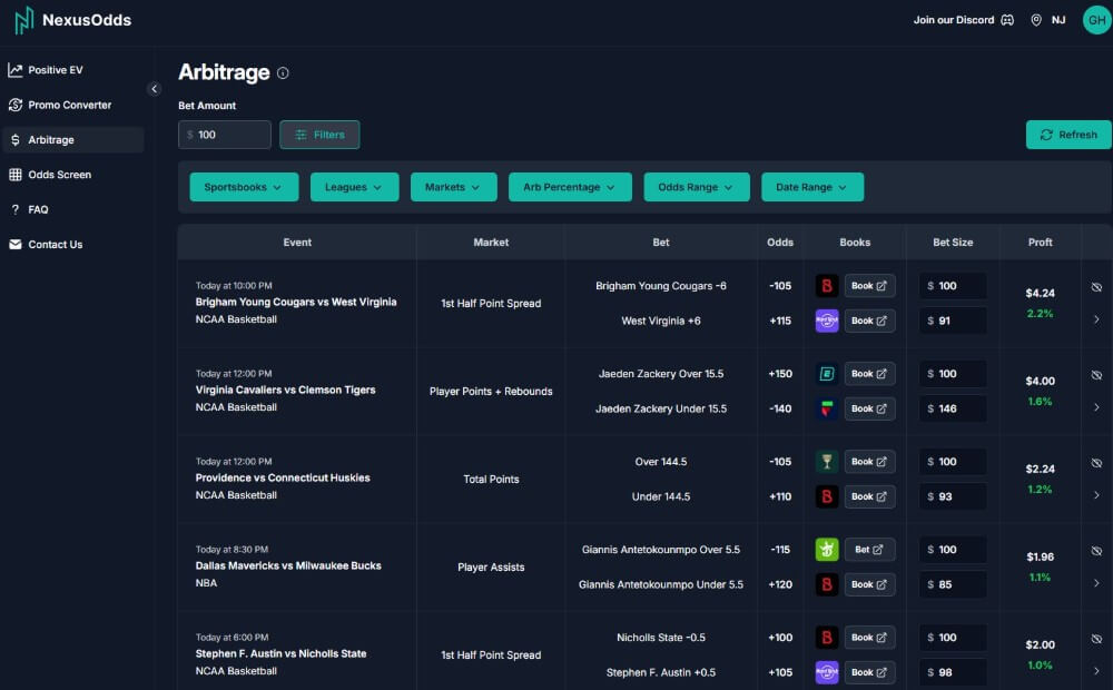 nexus odds betting arbitrage hedged betting roi tool usa