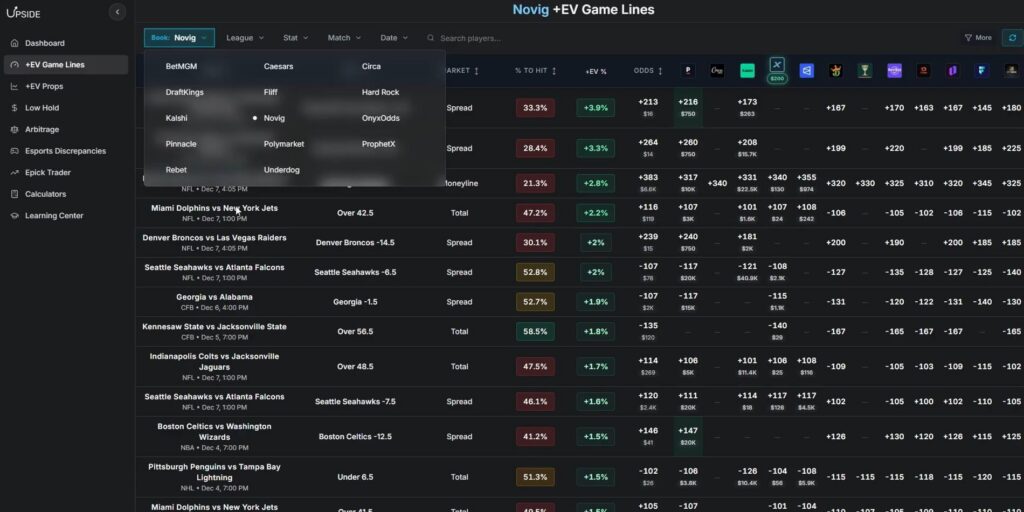 upside betting tool ev game lines player props value arbitrage low hold software