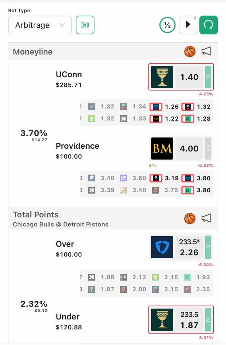 An example interface from the BookieBeats live and in-play betting tool