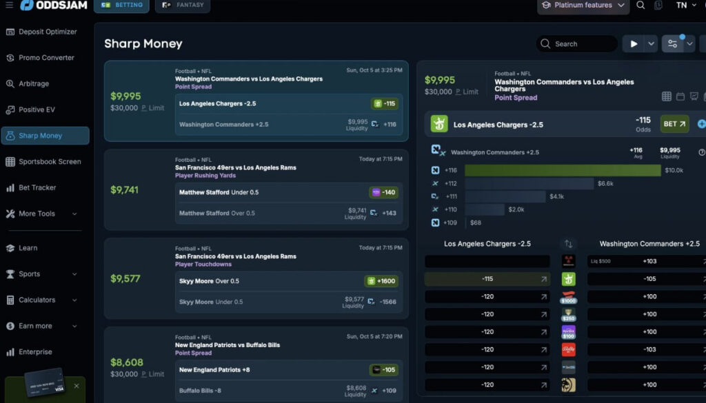 oddsjam sharp sportsbook money tool whale high roller line movement steam