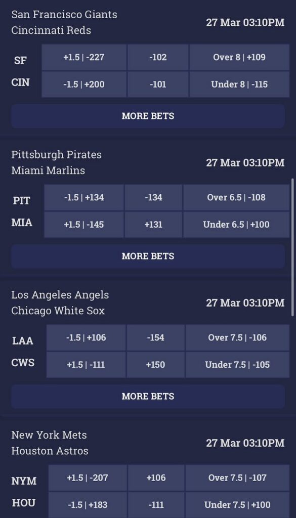 4Cx Sportsbook MLB Betting Markets