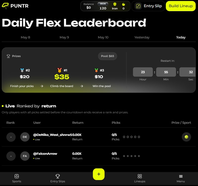 puntr us daily flex leaderboard rewards free contest player peer usa sports