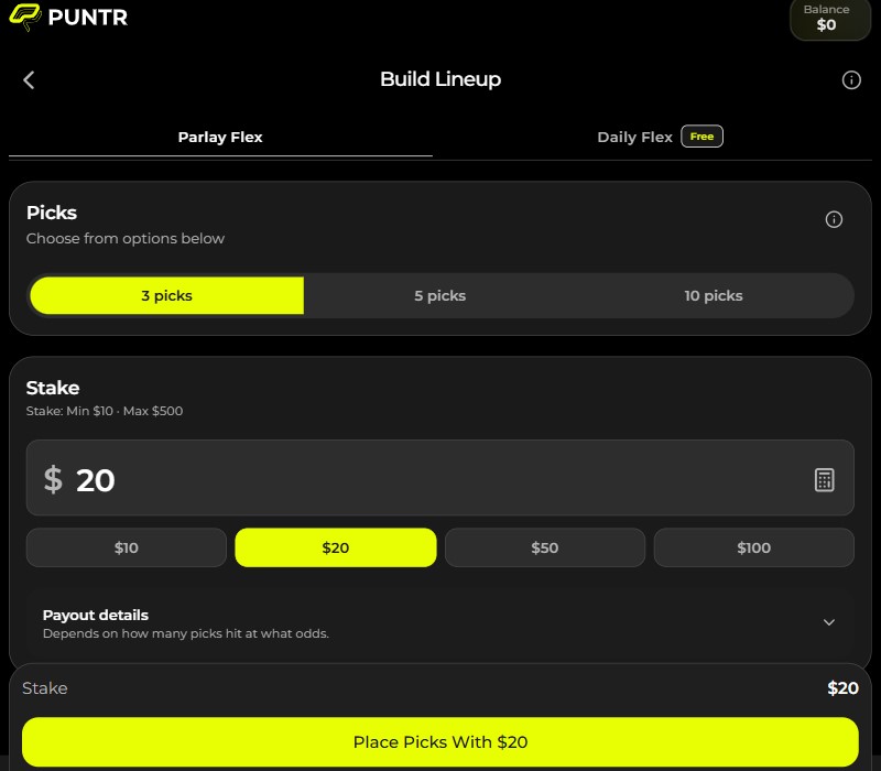 puntr us parlay flex daily flex challenge sports fantasy slip lineup