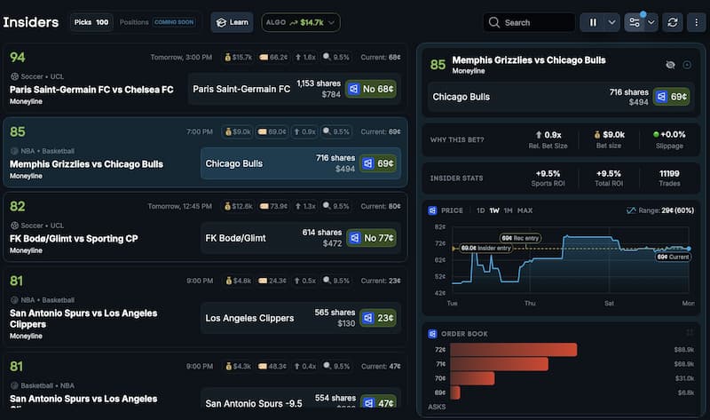 How the OddsJam Prediction Insiders tool interface appears