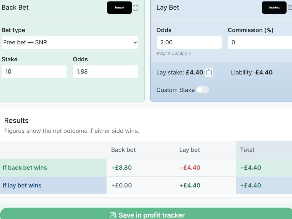 aiprofit uk matched betting calculator back lay bet profit ROI stake free bet conversion