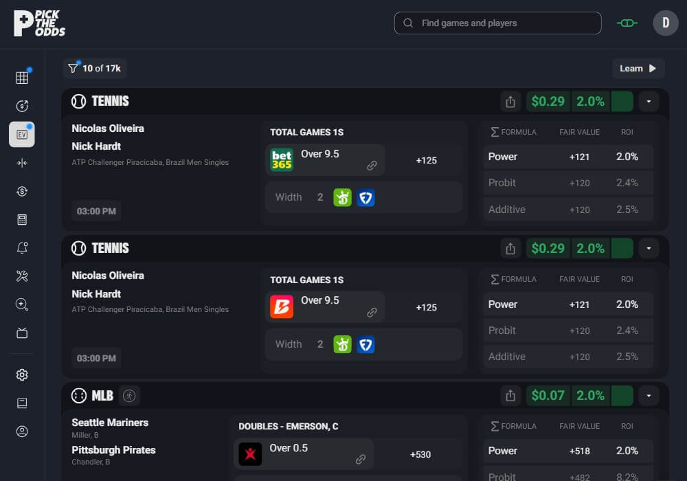 How the interface of the Pick The Odds betting tool looks