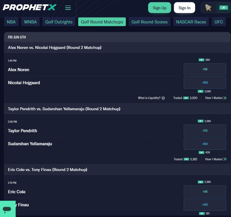 prophetx golf matchups line trading ev value bets outrights sports usa