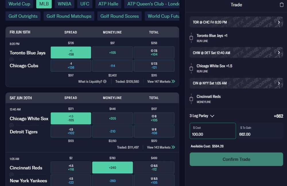 prophetx prediction market trade parlay slip order liquidity