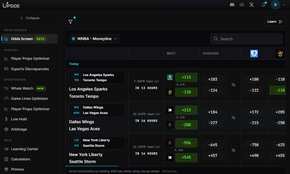 How the interface of the Upside Tools betting tool appears