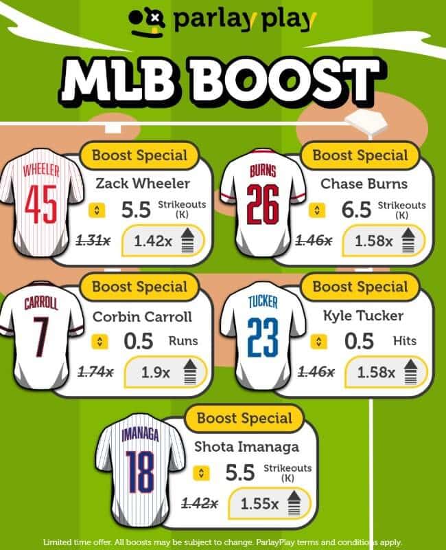 parlayplay mlb rewards boost lineup pick player projection slashed lines odds boosted