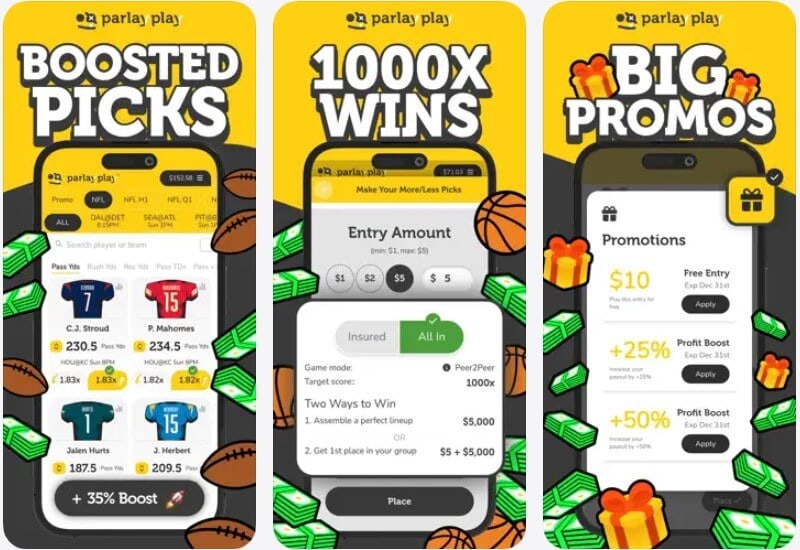 parlayplay mobile app fantasy peer sports betting player lineup contest paid free
