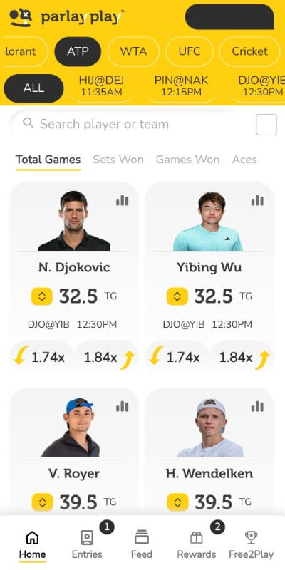 parlayplay tennis lineup projection player bet fantasy paid contest payout