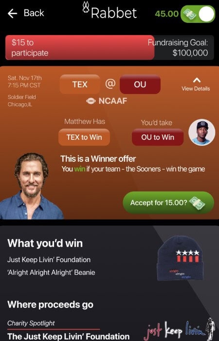 rabbet peer betting gaming charity prize sports usa college football