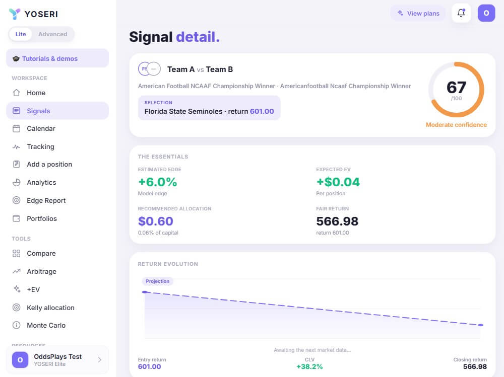 yoseri clv closing line value ev signal bet strategy staking kelly software us