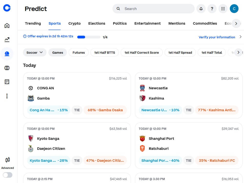 coinbase prediction market sports soccer markets volume