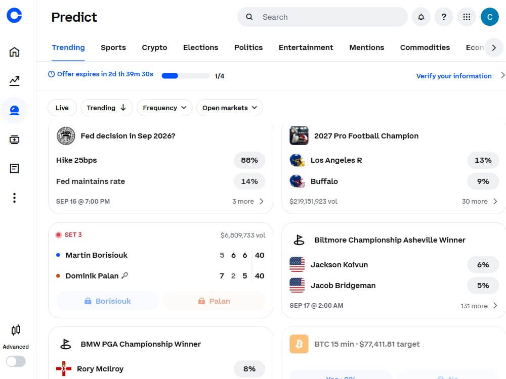 coinbase prediction market trending market volume liquidity trading